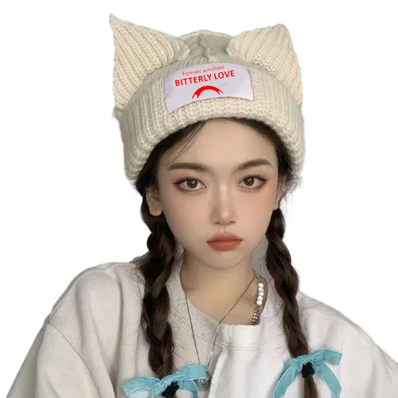 Wholesale Beanies All Over Print Designer Unisex Acrylic High Quality Knit Jacquard Mohair Beanie Hats With Cat Ears