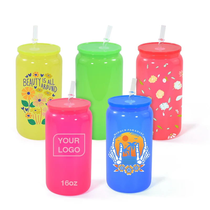 China warehouse new 16oz Neon glasses mix 4 colors blank sublimation glass cans glass tumblers with colorful PP lid and straw