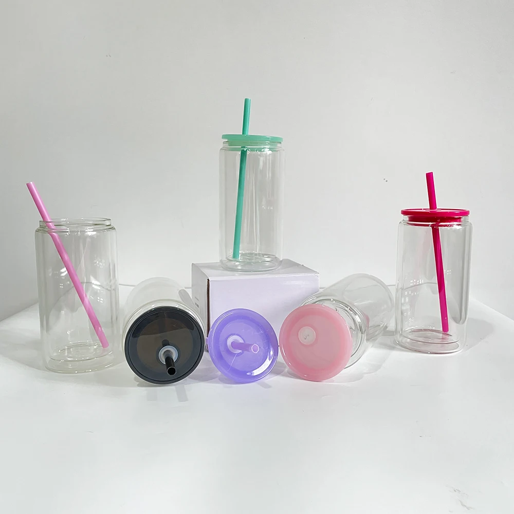 USA warehouse custom 12oz 15oz clear double wall DIY glitter blank sublimation snow globe beer glass can with plastic lids