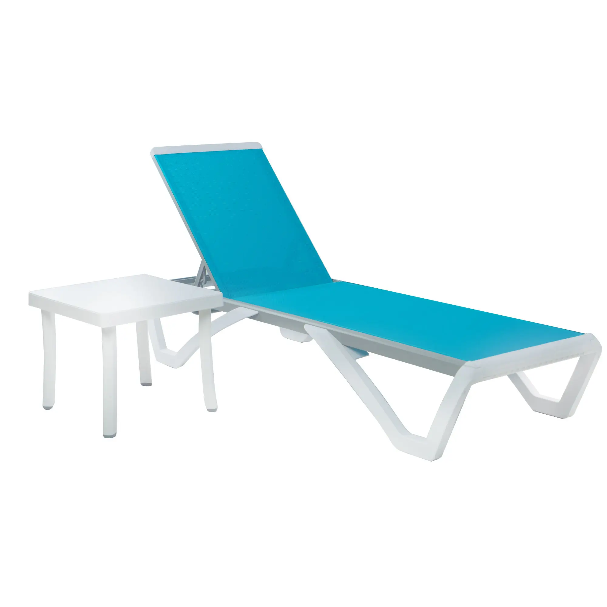 Adjustable Reclining Sun Lounge with Table Outdoor Patio Plastic Frame Chaise Aqua Blue Garden Pool Hotels Living Room Park