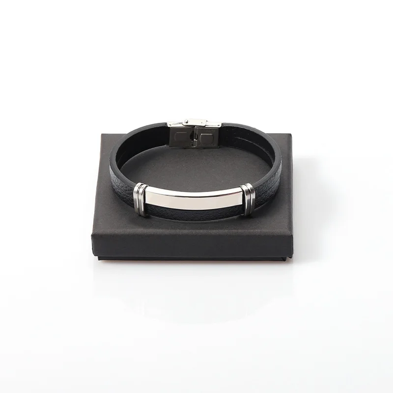 Leather Stainless Steel Press Button Bracelet For Men Retro Black Woven Bracelet