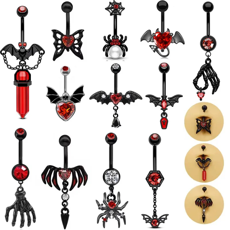 NUORO Punk 14G Black Skull Belly Button Rings 316L Stainless Steel Halloween Skull Spider Bat Dangle Zircon Navel Piercing