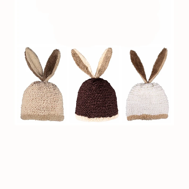 2025 New Cute Girls Winter Warm Knitted Hat with Long Ear Plush Hat with Embroidery Pattern Hot Selling Autumn Winter Fashion