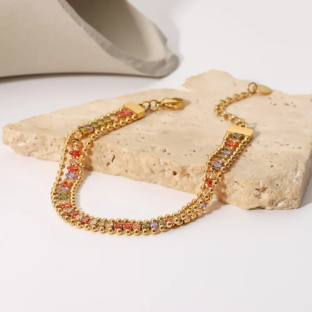 Европейский и американский блоггер разноцветные Круглые фианитовые трехслойные браслеты из нержавеющей стали