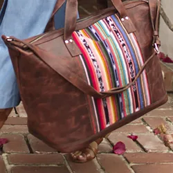 American Style Womens Bag Western Boho Serape Leather Handbag Brown Leather Serape Tote Bag