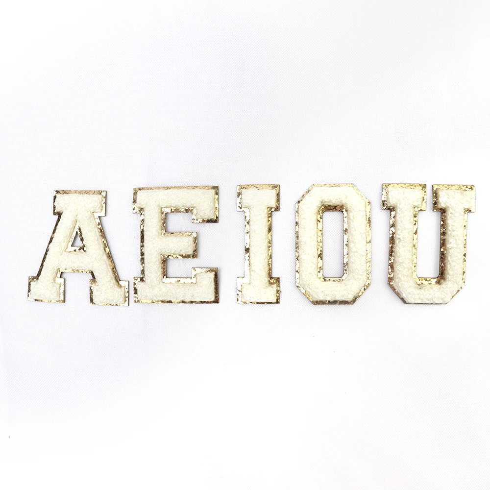 Keymay High Quality Personalized Embroidery Varisty Alphabet Letter Patch Sticker Self Adhesive Glitter Letter Patches Chenille
