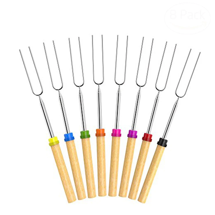 Amazon Hot Selling 8 Color Wood Handle  BBQ skewers Stainless Steel BBQ Stick Telescoping  Roasting Sticks