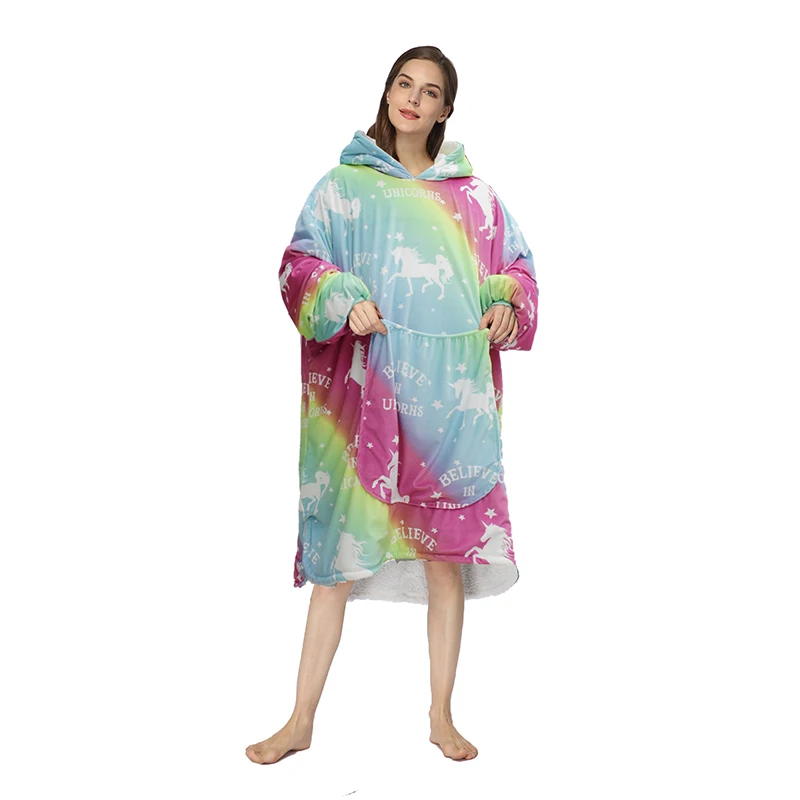 Wholesale  customize rainbow Pegasus hooded wearable blanket  flannel sherpa  oversize  sweatshirt hoodie