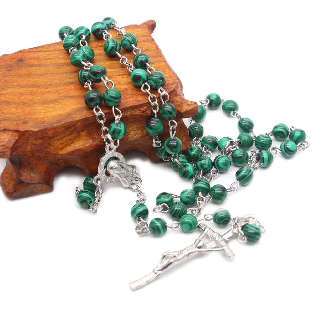 Malachite Natural Stone Catholic Rosary Necklace High end Cross Statue Christ Religious Supplies