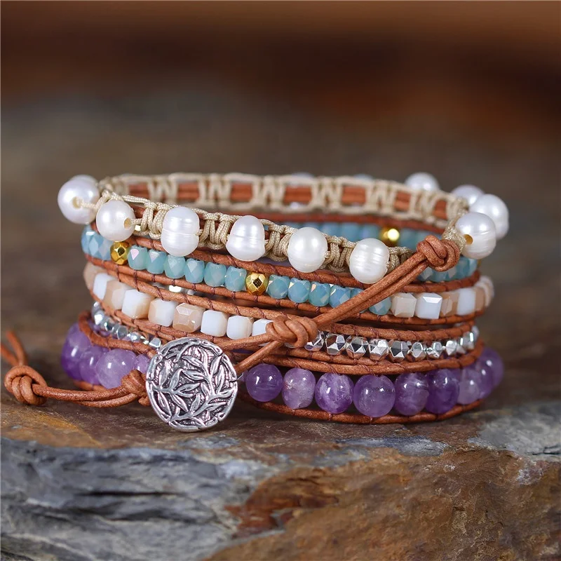 YueTong Bohemian Amethyst Beaded Natural Stone Boho 5 Layers Statement Leather Beads Wrap Bracelet Handmade Jewelry Wholesale