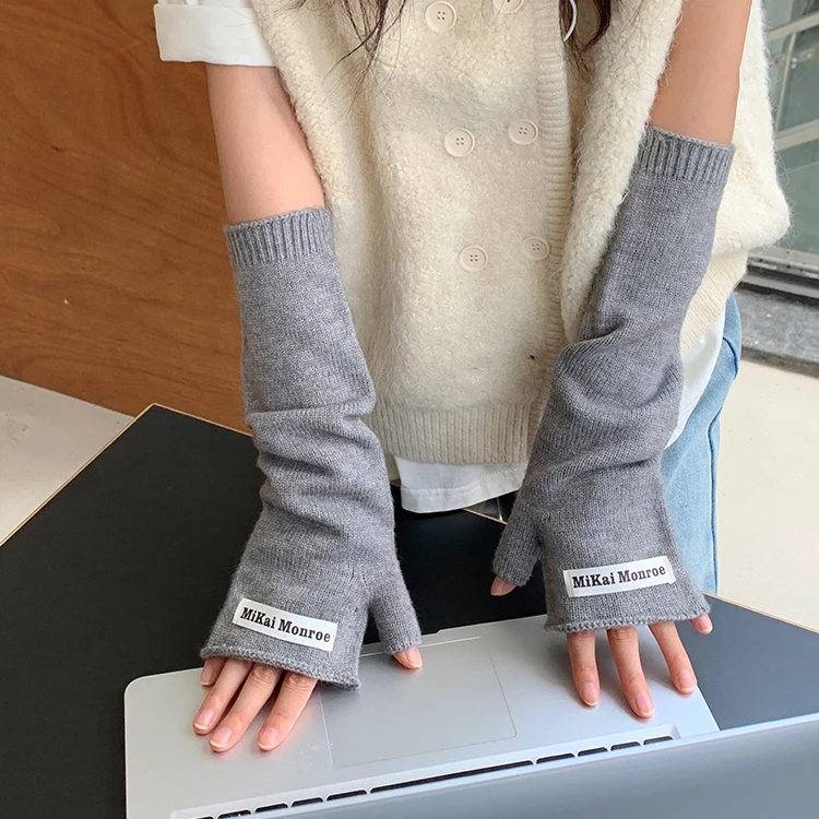 Fashion Office Wrist Protection Winter Gloves Solid Color Knitted Warm Open Finger Half Finger Mitten For Women