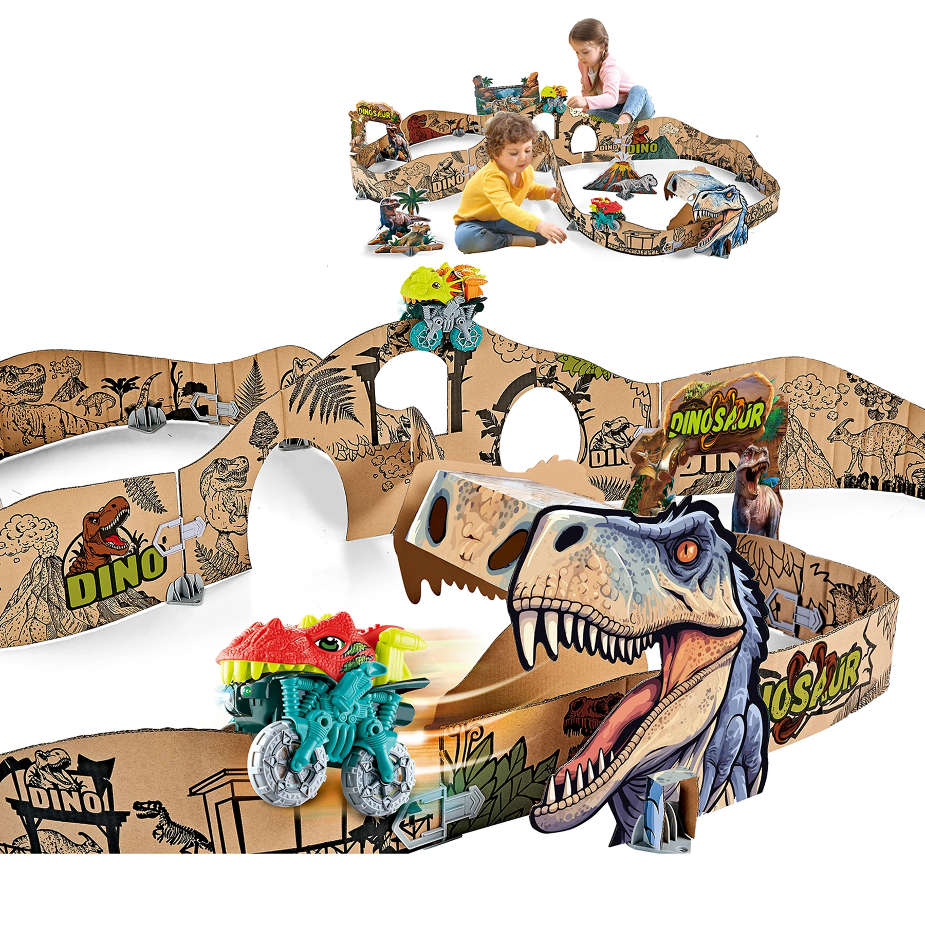 SY TOYS New Design Kids Dinosaur Cardboard Track Car Toy Battery Operate DIY Drawing Painting Paper Bricks Rail Truck Set