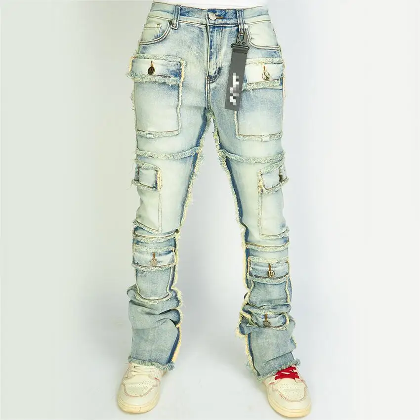 Custom Men Flare Jeans Streetwear Fashion Slim Multi Pocket Wide Leg Blue Stacked Jeans