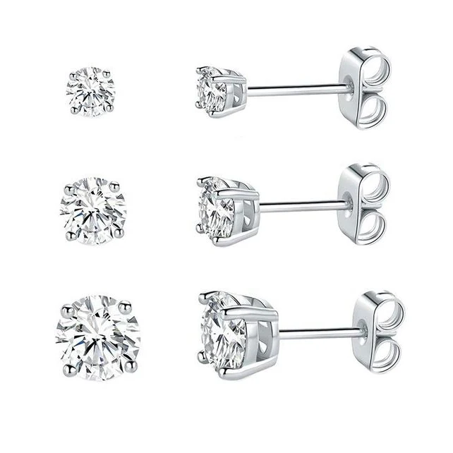 14K White Gold Silver Round Cut Multi Sized CZ Crystal Diamond Stud Earring Set