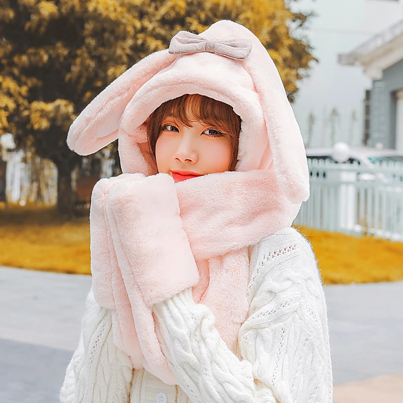 New Hot Sale Faux Rabbit Fur Three In One Scarf Hat Cute Mittens Set Women Girl Winter Warm Hat