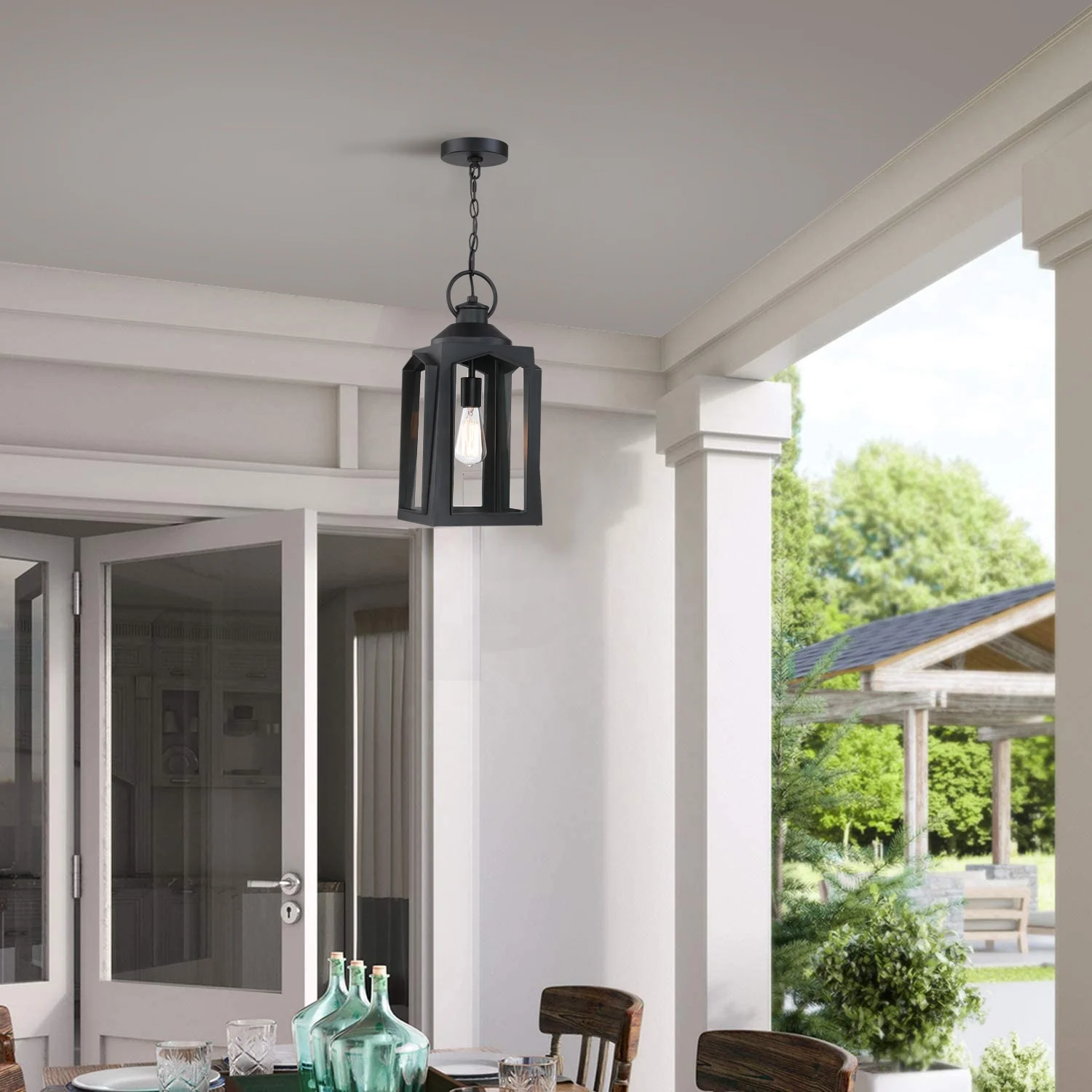 outdoor Pendant light clear glass Waterproof Wall Lights matte black box E26 bulb lantern garden light indoor farmhouse