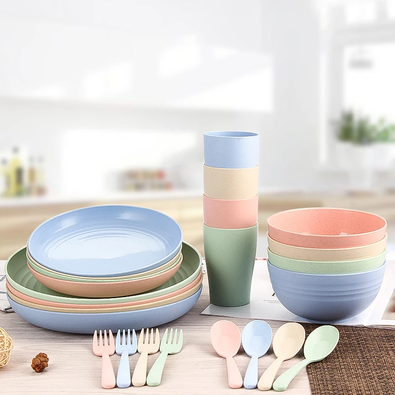 Eco-Friendly Wheat Straw Bowl Plate Cups Cutlery Tableware Set Vajilla Fibra De Trigo