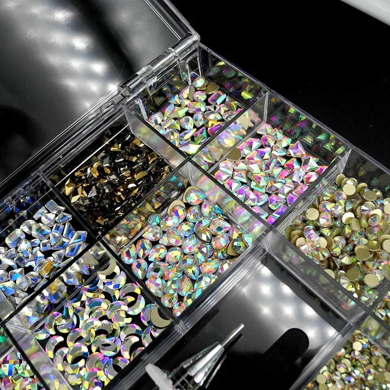 
8000pcs 21 Grid Nail Art Supplies Sticker Jewelry Box Set Shape Crystal Rhinestone Mix Design Nail Art With Wax Pen Tweezers 