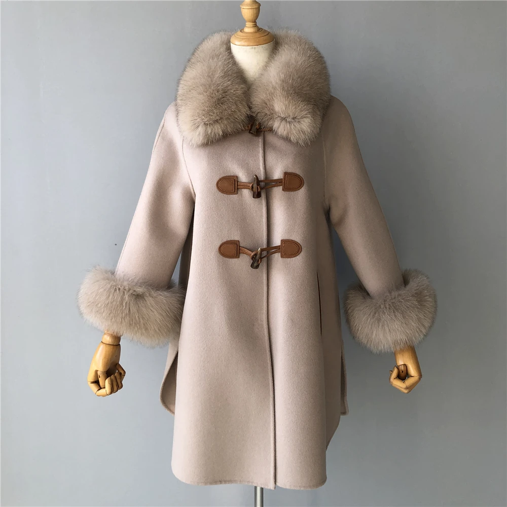 OEM Service Wholesale Popular Custom Horn Button Fox Fur Collar And Cuffs Ladies Long Cashmere Wool Coat Fur