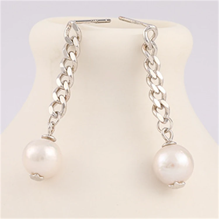 Female Trend Baroque Freshwater Real Pearl Long Chain Earrings 925 Sterling Silver 18K Gold Plated For