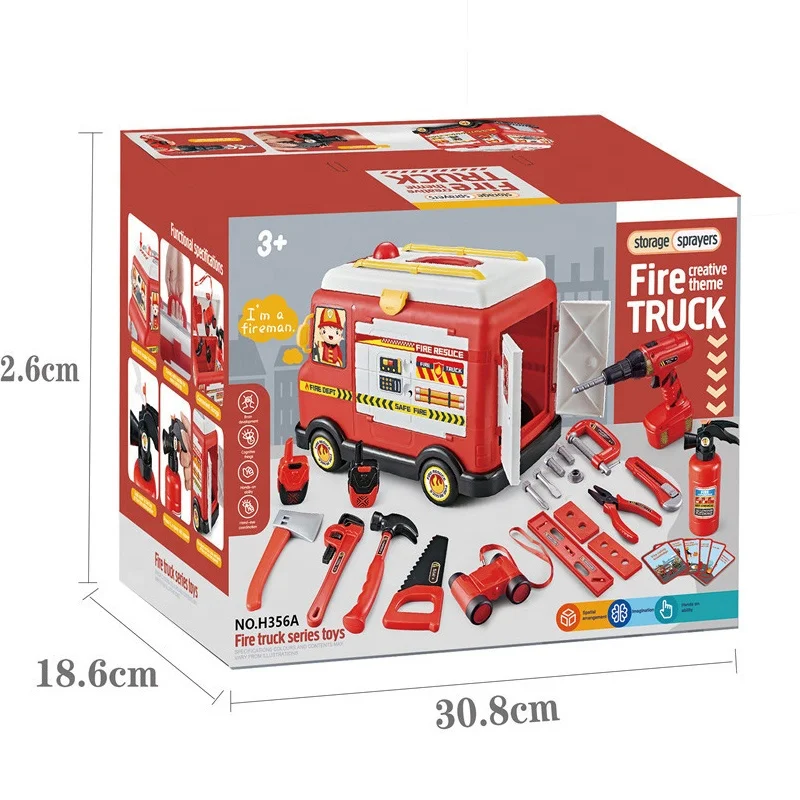 33pcs kids educational pretend play toys role play fireman plastic fire truck car toy with sound fire extinguisher boy tool toys