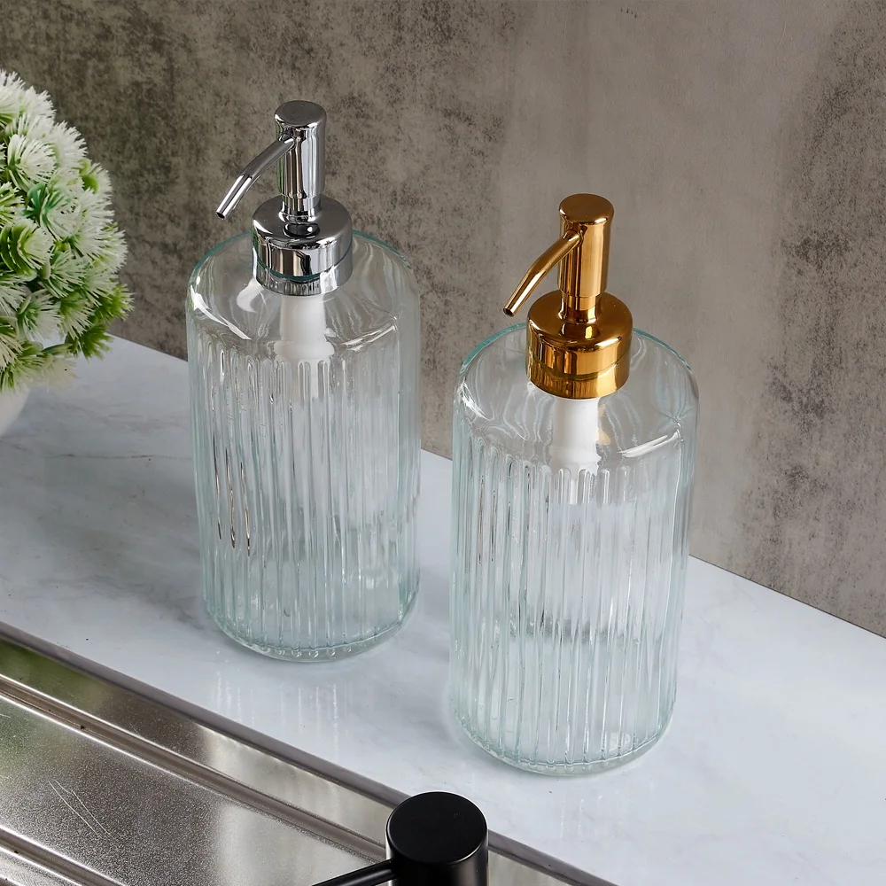 Wholesale Lines Glass Soap Dispenser Bottle with Pump Soap Liquid Shampoo Dispenser Manufacturer