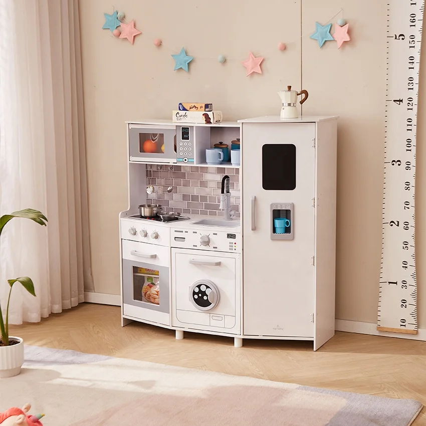 New Kids Role Play Wooden Toys Vintage Kitchen with Cookware Accessories Play Set for Toddlers