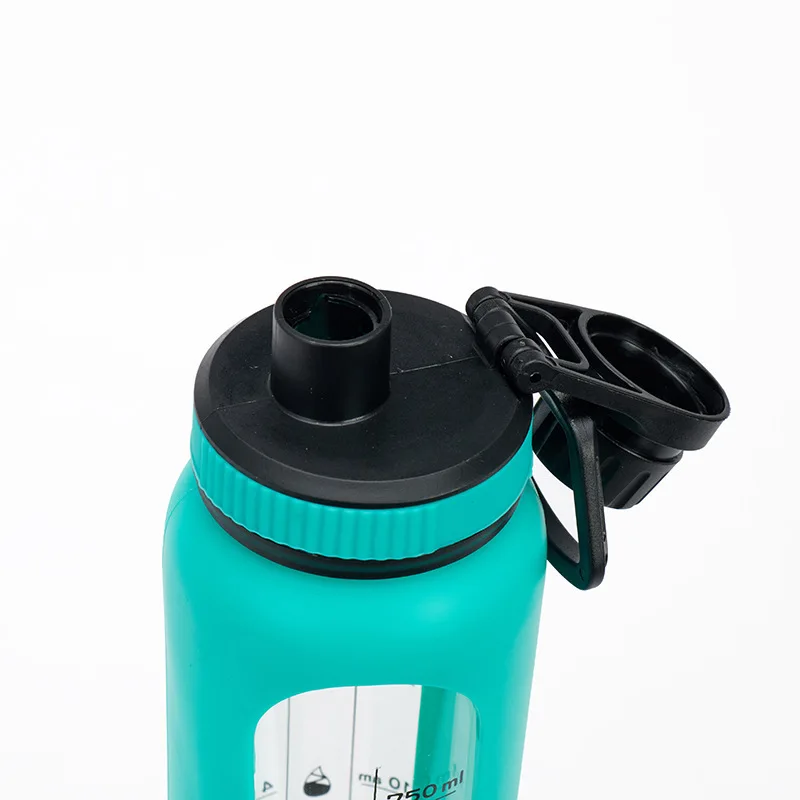 32 oz BPA Free Wide Mouth Leakproof 1 Liter Motivational Glass Water Bottle with Time Marker and Black Silicone Sleeve