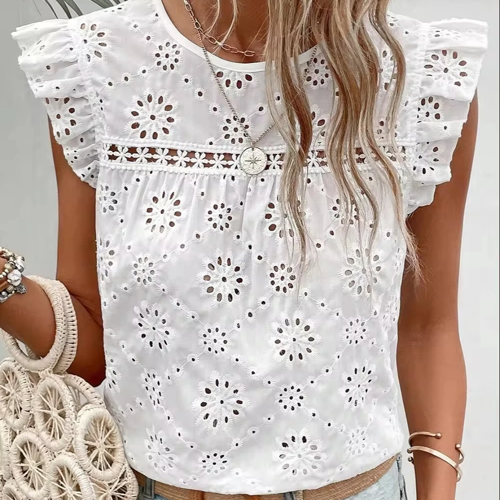 2024 Shewin boutique women clothing wholesale custom Logo White Eyelet Embroidered Ruffled Flutter Sleeve Blouse