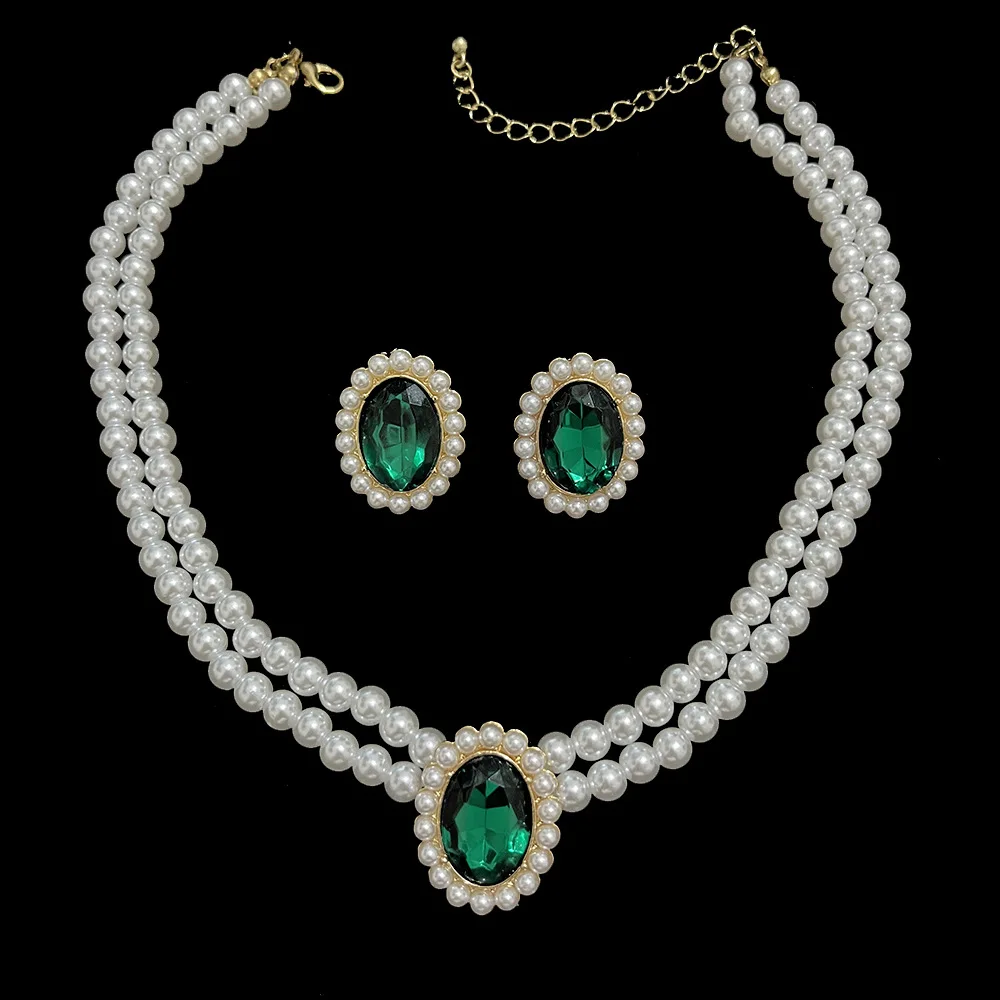 2024 Fashion Jewelry Set Vintage Style Emerald Diamond Pearl Beads Double Layer Collar Chain Earring Set