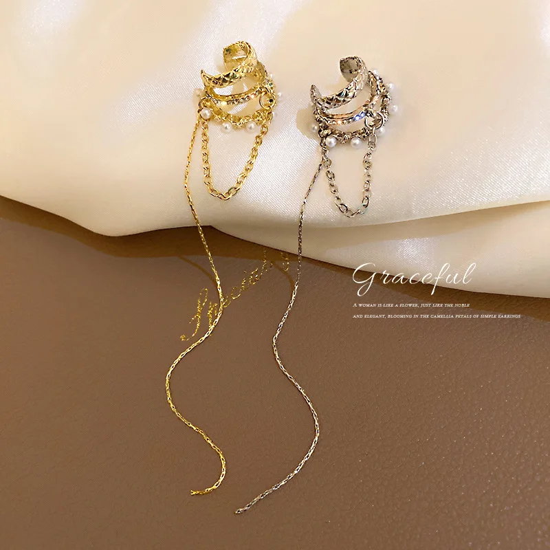 TikTok Hot Selling Pearl Chain Ear Clamp Earrings Non Pierced Ear Cuffs Jewelry Earrings for Women