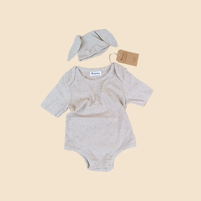 Pinuotu OEM Newborn Ribbed Bodysuit Cute Outfit Boys Girls Sprinkles Cotton Cap Beanie Solid Layette Baby Clothing Sets
