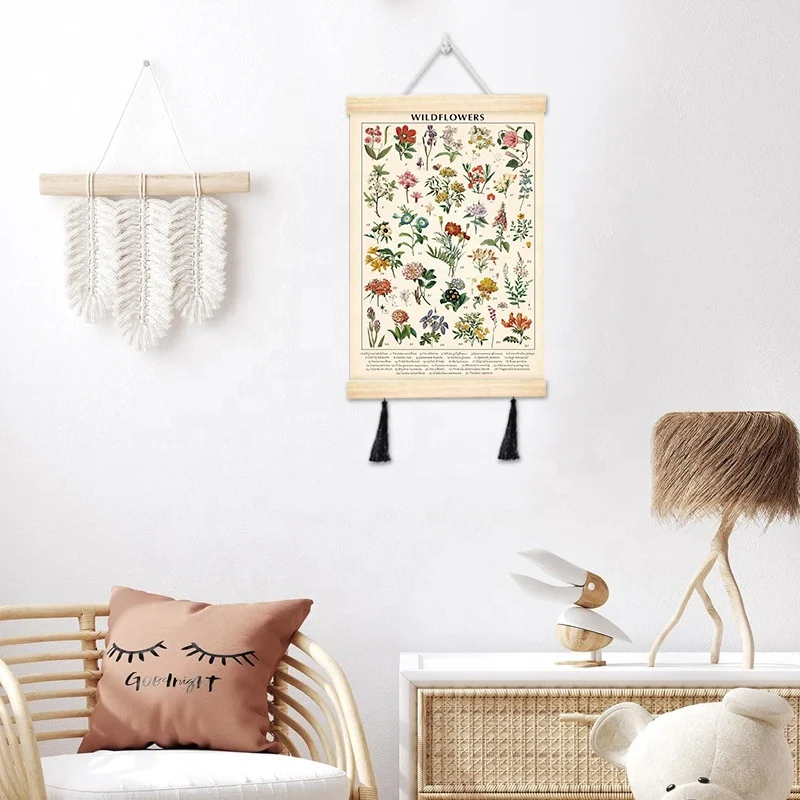 Botanical Wall Art Print Solid Wood Scroll Wall Art Vintage Wildflower Poster Flower Living Room Decorative Painting