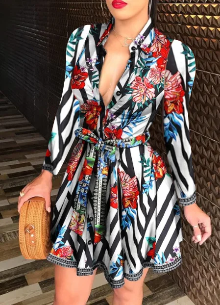 vestidos mujer summer casual dress solid colour chain print printed belted blouse shirt floral casual dresses