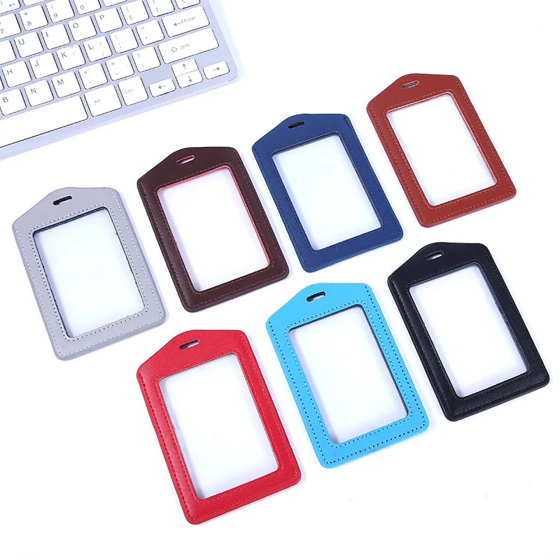 Factory Genuine Leather Double-sided Transparent Work Permit Card Cover ID Badge Bank Card Holder with Nylon Lanyards