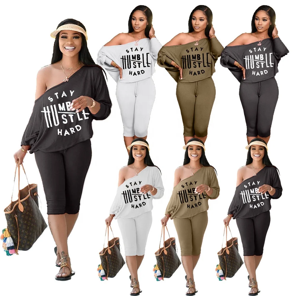 
KX-H3668 In stock off the shoulder custom women shorts sets jogger letter causal short sets women two piece 