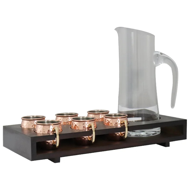 Factory Customized 8-Piece Stainless Steel and Glass Bar Cup Set with Wooden Bracket Mini Hammer Point Drum Shaped Cup