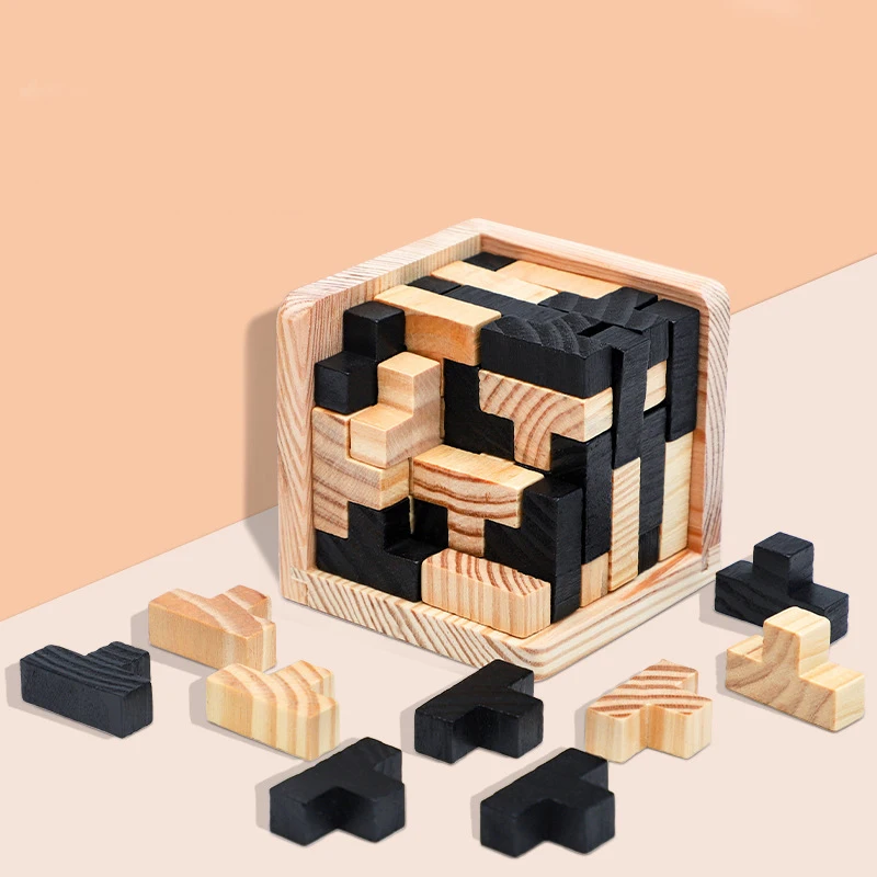 Hotsale Wooden Brain Teaser Puzzle Cube T-Shaped Jigsaw Logic Puzzle Educational Toy for Kids and Adults