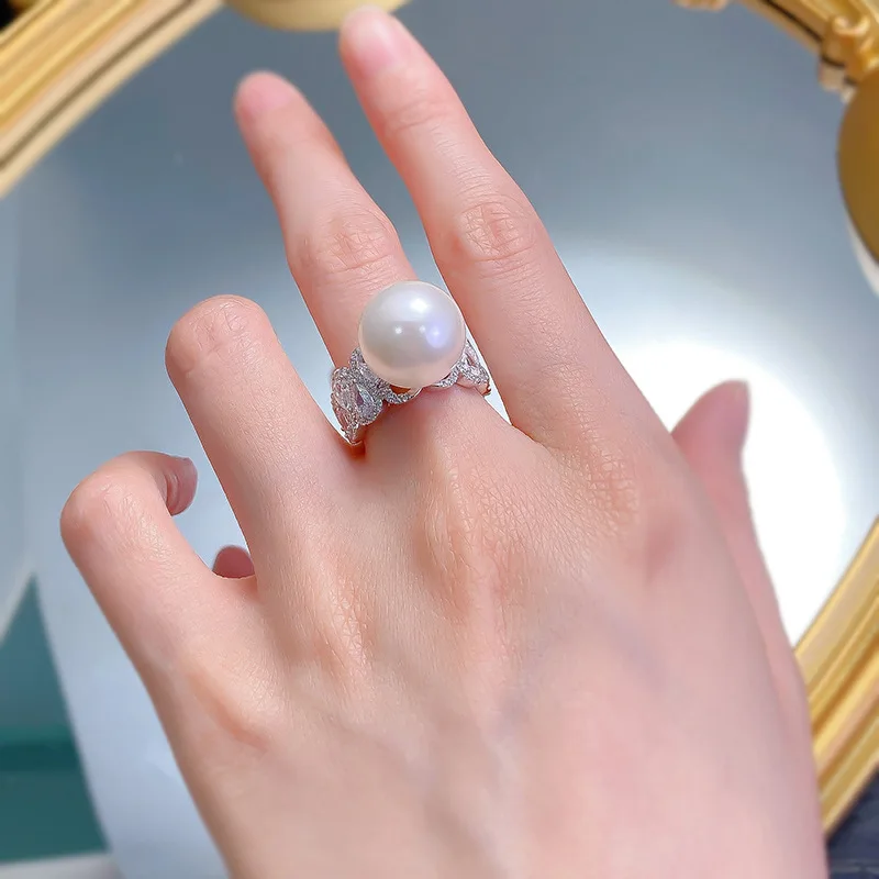 New 925 Silver Ring, Female Designer 14mm Pearl Ring with Luxury Inlaid Ring, Wedding Jewelry Wholesale