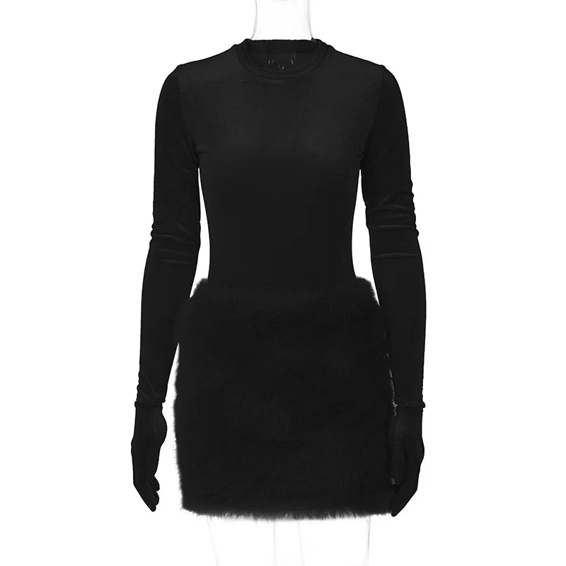 Sexy Club Party Velvet Dress Fall Outfits 2023 Long Sleeve Bodysuits Top Two Piece Mini Feather Skirt Set  elegant woman dress