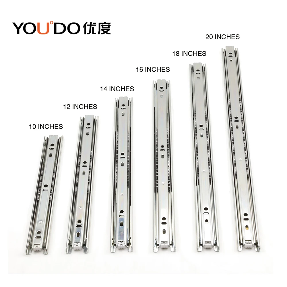 YOUDO 1.5mm Steel Cabinet Metal Tool Telescopic Rail 3 fold Full Extension Channel Ball Bearing Soft Close Drawer Slide