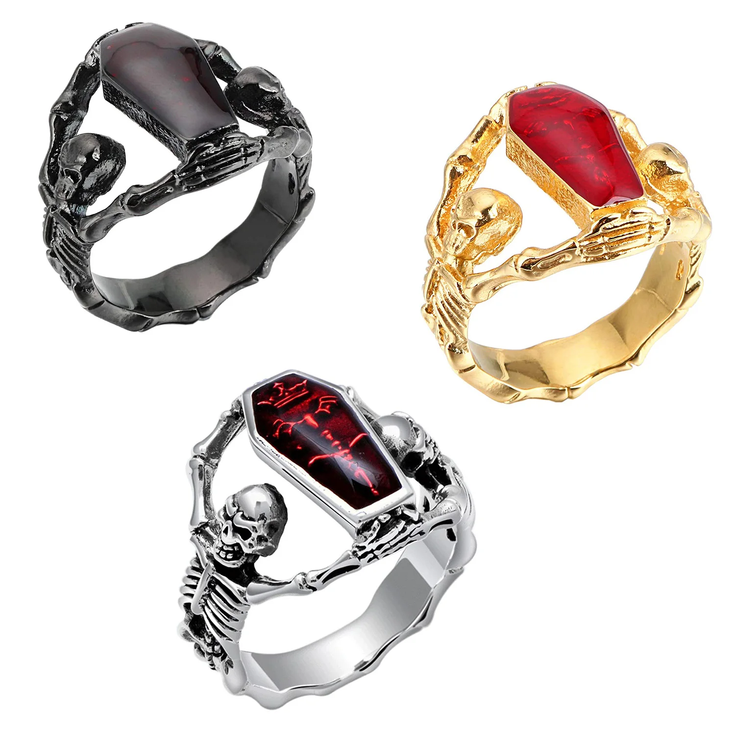 Custom Black Retro Plated Punk Predator Head Warrior Skull Crystal Women Gemstone Gold 925 Sterling Silver Men Vampire Ring