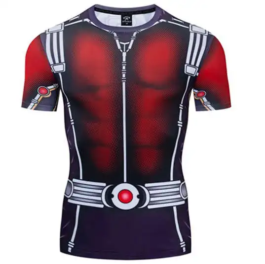 Mens Sports Fitness Elastic Short Sleeve Superhero Print T-shirt