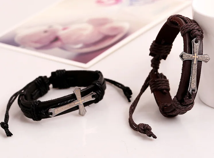 Spanish language Catholic religious cross charms christian woven leather bracelet for men