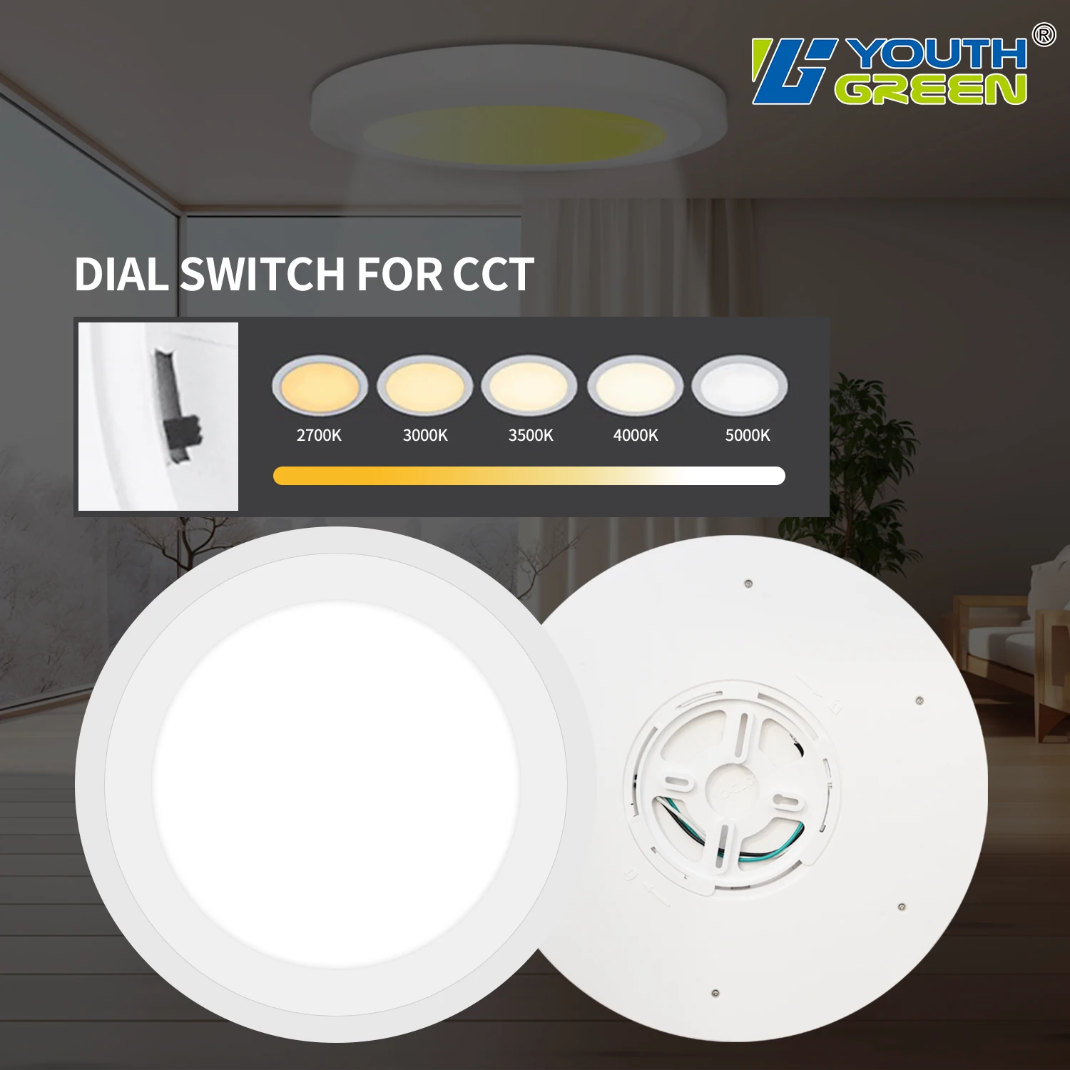 5cct Switchable Round Flush Mount Panel Light Youth Green Aluminum+PC Body WIFI Control Main Light With RGB Night Light