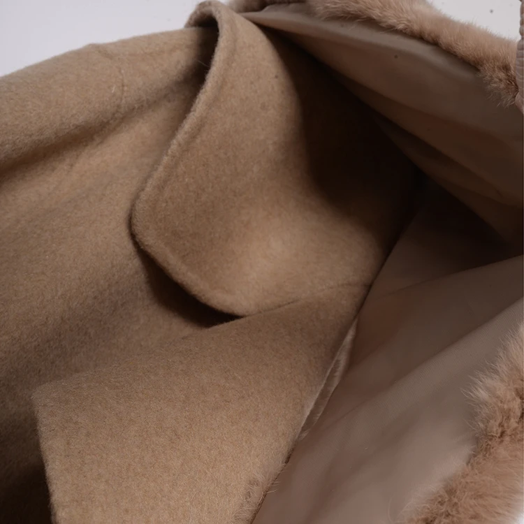 Factory wholesale JTF women rex rabbit jacket beige fur lapel handmade warm short wool coat