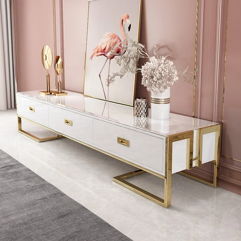 Modern TV cabinet light luxury rectangular stainless steel glass top TV stand and coffee table