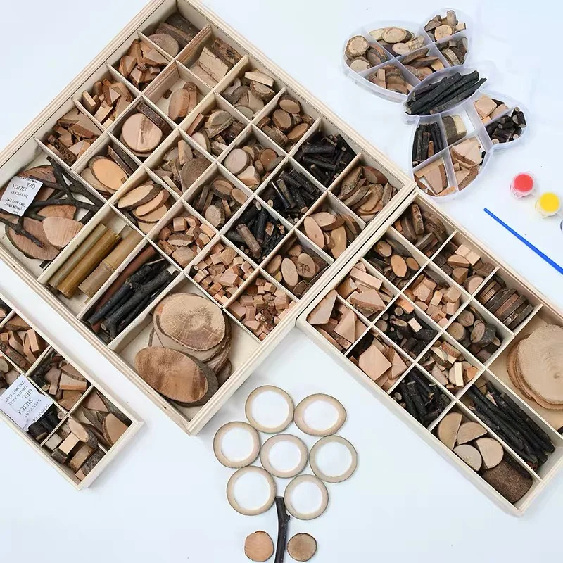 DIY toys Natural materials wood chips tree branches background Wood Crafts for kids Customized kids craft set educational toy