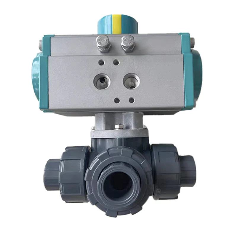 Dn40 Pvc Ball Valve Corrosion Resistance Threaded Plastic T Port 3 Way Pvc Double Union Pneumatic Control Ball Valve