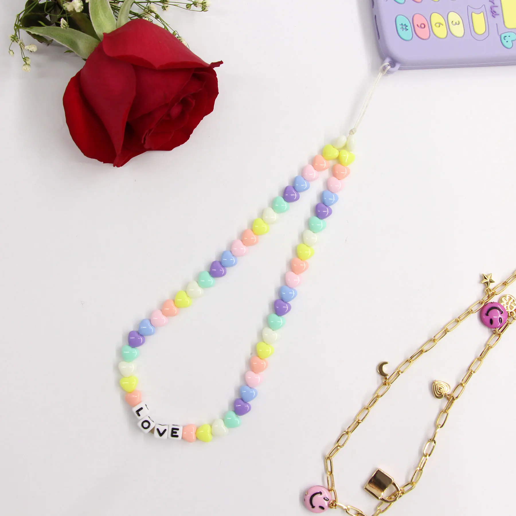 Acrylic High Quality Rainbow Cute Custom Girls Phone Chain Ladies Wallet DIY Women Holder Heart Bead Mobile Chain